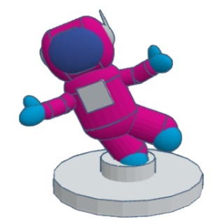 Violet Astronaut, on a round base, reaching out, causing the center of gravity to be to the side of the game piece. for the Respect My Personal Space Game.