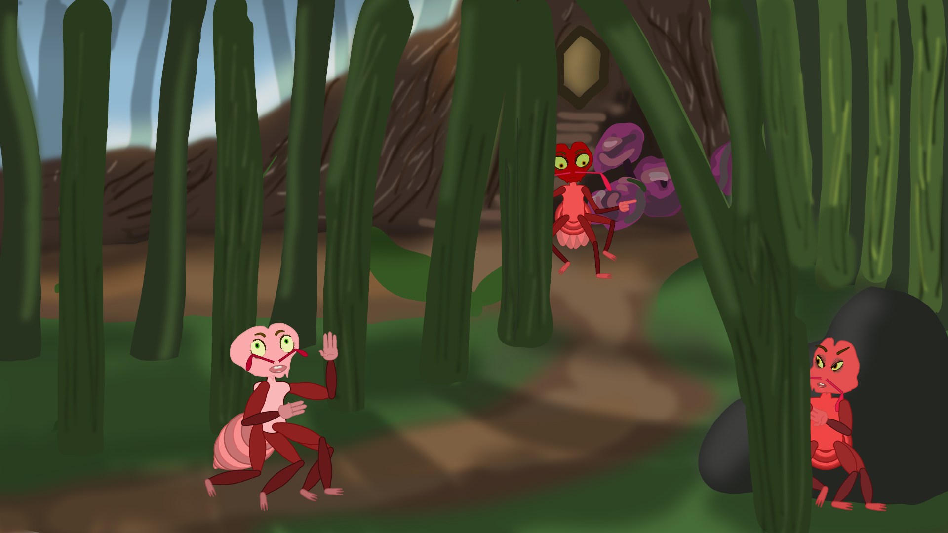 A Bugillagers Scene with three Large Red Ants in the grass, one on the left is approaching, one on the right seems to be hiding, and the third is coming from the middle and a bit of a distance while pointing. The entrant is supposed to create a story, caption, or phrase for the image.
